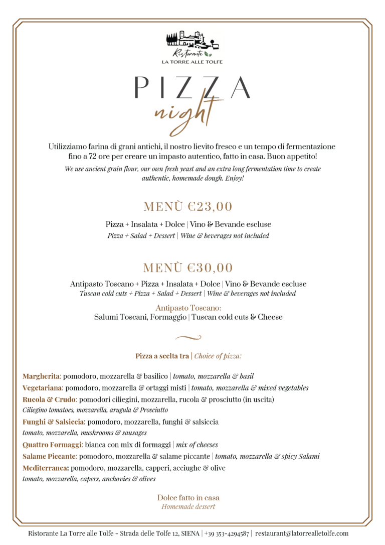 La Torre alle Tolfe Pizza Night 2025 Menu